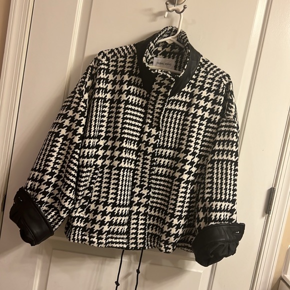 Tribal Houndstooth Bomber Jacket - Faux Leather Trim (Sleeves/Collar) - Picture 14 of 15